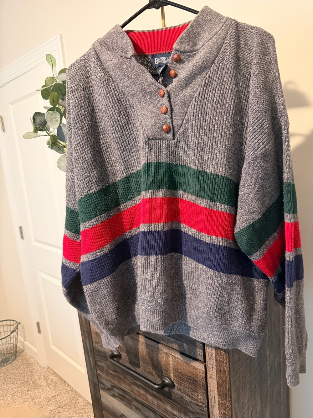 Vintage Lands End Early 90’s Unisex Style Henley Striped 100 Cotton Knit Sweater